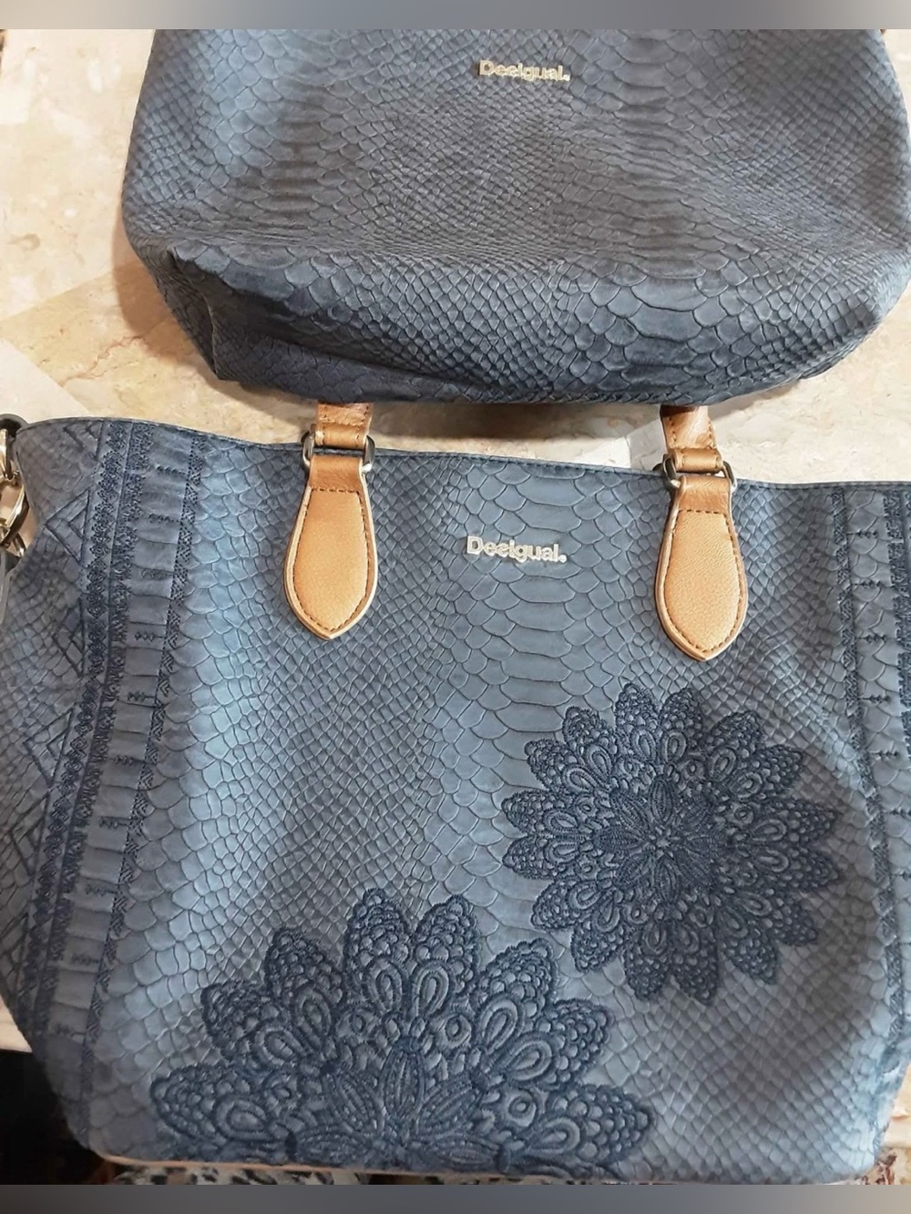 Desigual Navy Tote Bag with Tan Handles and Floral Embroidery